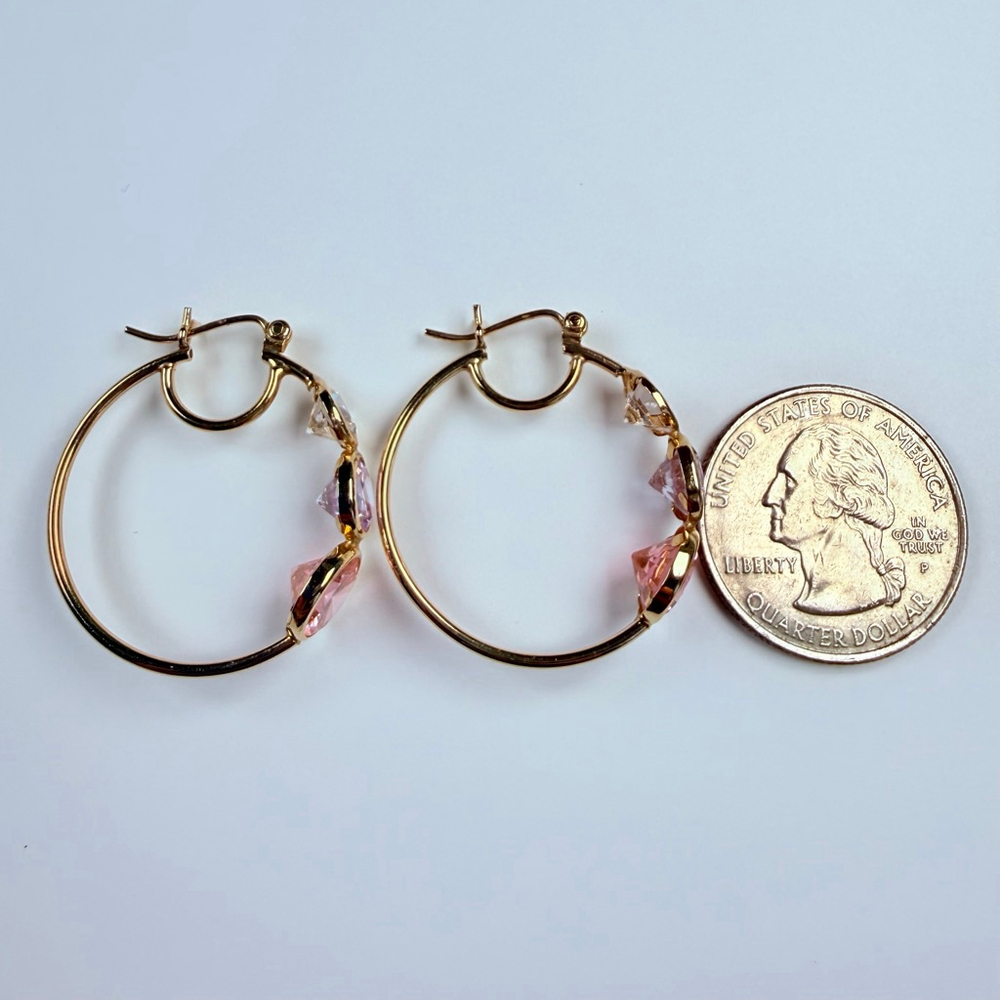 14K Solid Yellow Gold Rock Candy Gemstone Modern Hoop Earrings 28MM - Picture 11 of 13